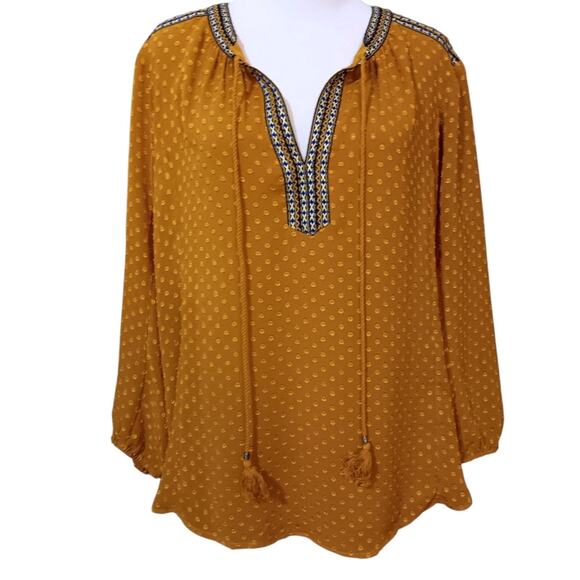 DR2 Blouse Peasant Top XL Flowy Artsy Boho Embroidery Golden Career Office Event - Picture 2 of 13